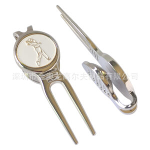 Golf Divot Tool with Magnetic Ball Marker – Zinc Alloy Turf Repair Fork with Swing Icon Design